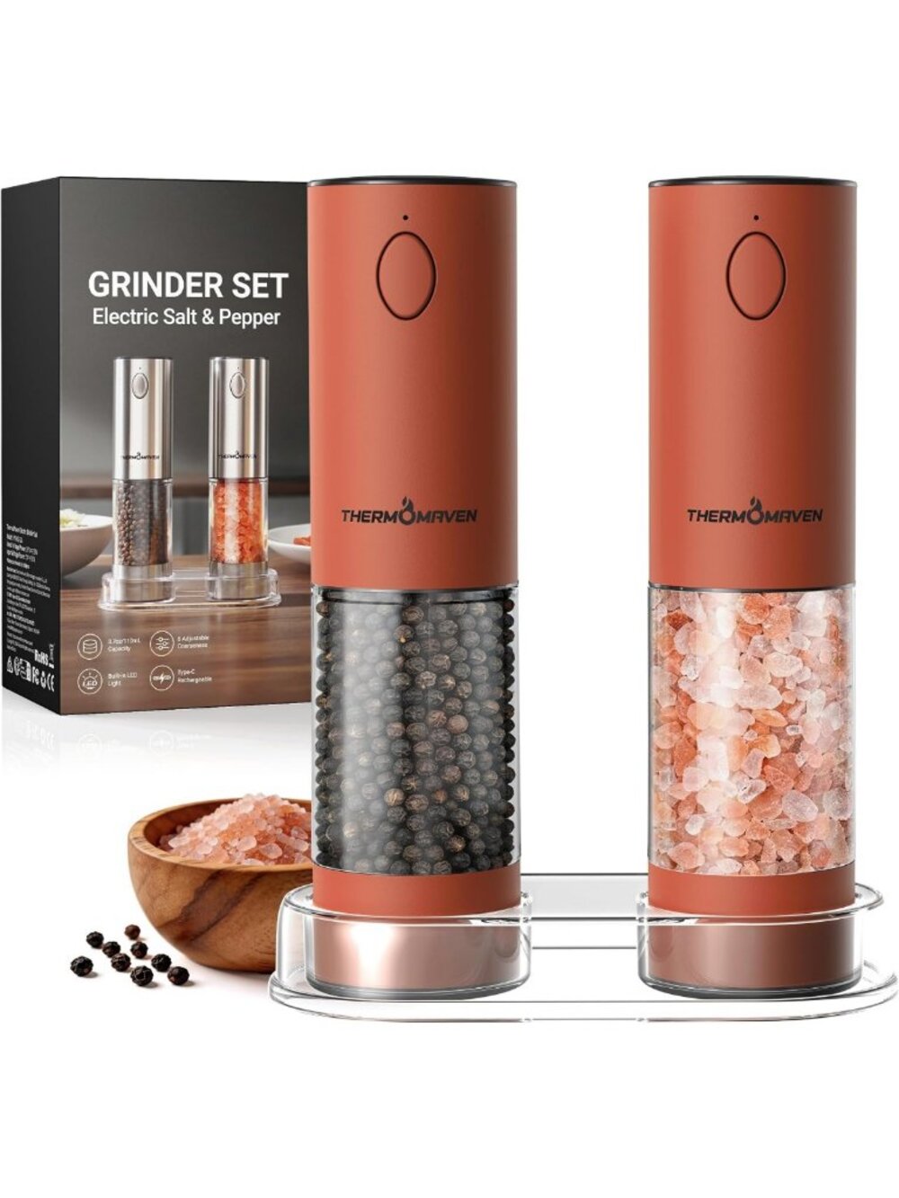 Rechargeable Electric Salt & Pepper Grinder Set - 110ml, Adjustable Coarseness